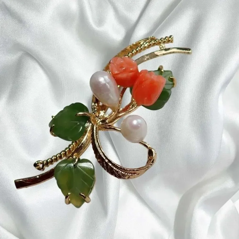 Pink Coral Pearls & Green Jade Leaves Brooch Floral Spray Faux Fashion VTG Pin